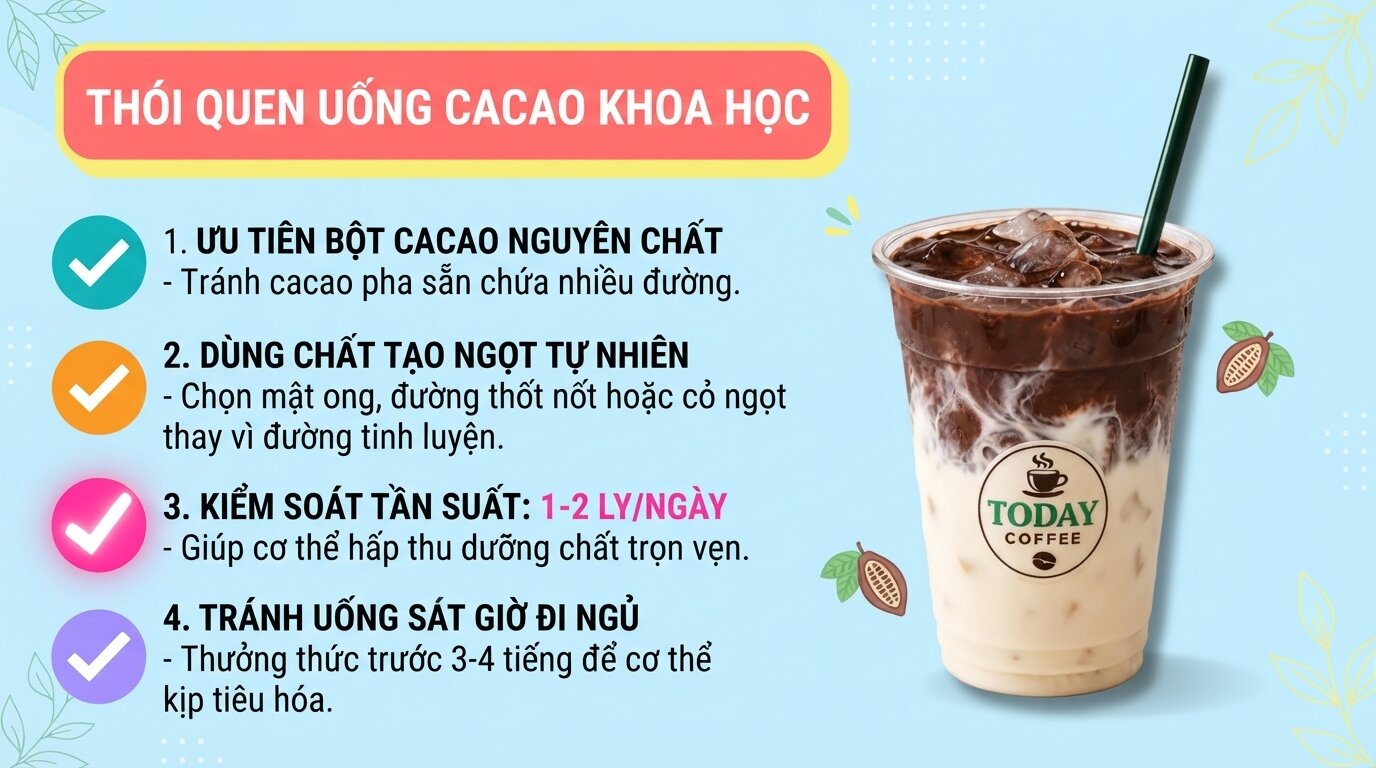Áp dụng thói quen uống cacao khoa học giúp cơ thể hấp thụ trọn vẹn dưỡng chất và luôn cảm thấy nhẹ nhàng.