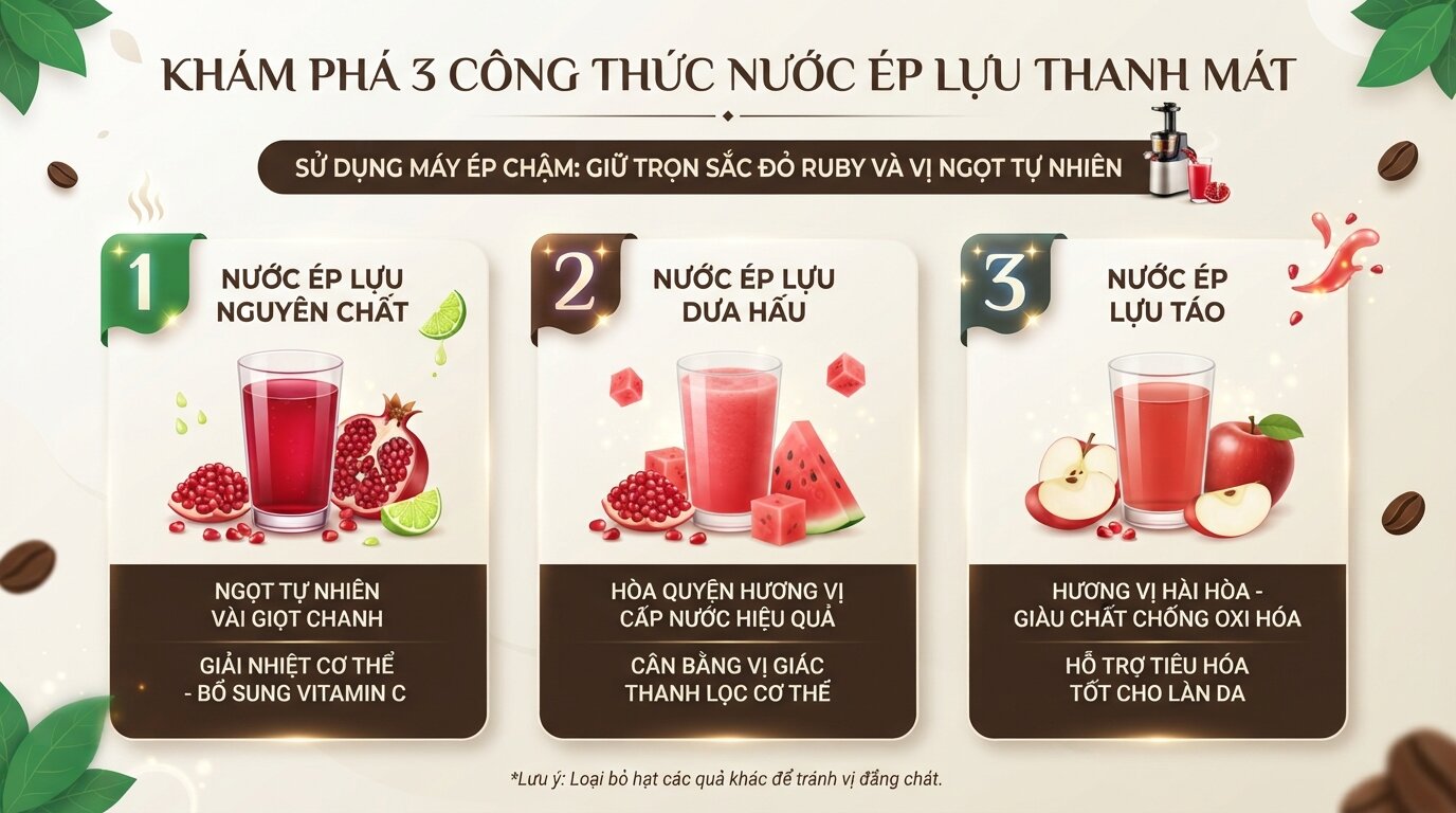 Ba công thức mix nước ép lựu thanh mát cùng dưa hấu và táo tươi.