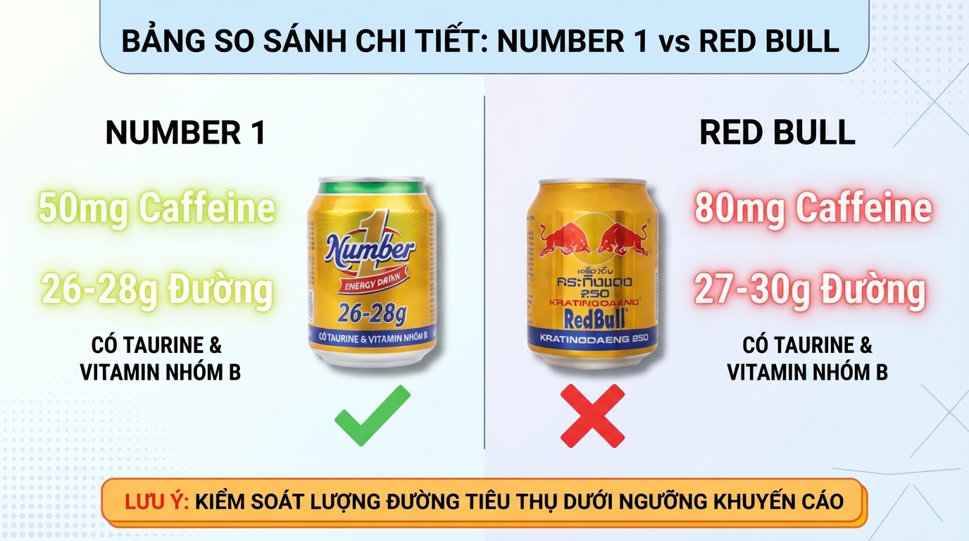 Bảng so sánh Number 1 và Red Bull giúp bạn nhận biết rõ hàm lượng caffeine cùng độ ngọt. Bảng so sánh Number 1 và Red Bull giúp bạn nhận biết rõ hàm lượng caffeine cùng độ ngọt.