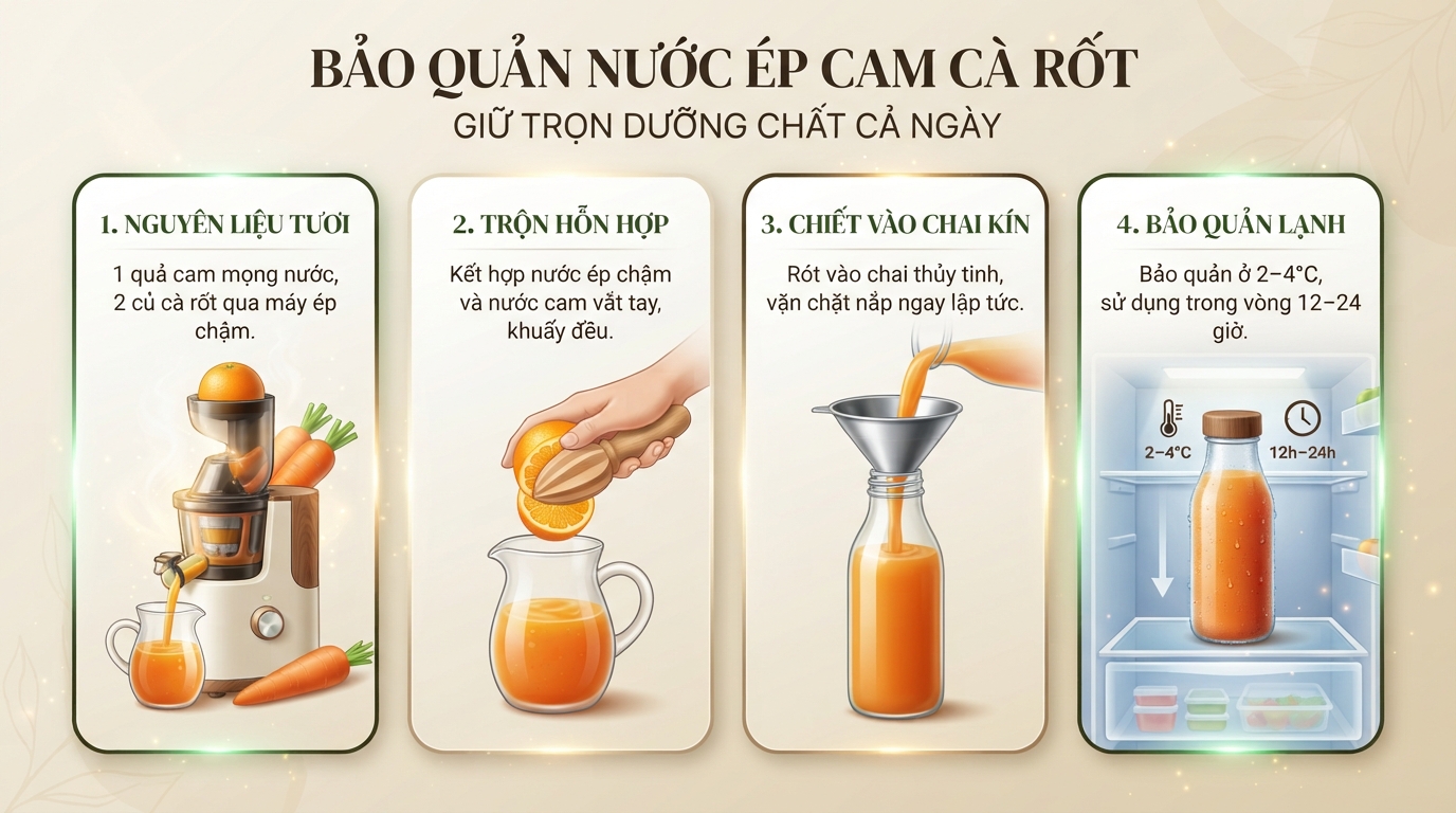 Bảo quản trong chai thủy tinh kín giúp giữ trọn vẹn dưỡng chất cả ngày. Bảo quản trong chai thủy tinh kín giúp giữ trọn vẹn dưỡng chất cả ngày.