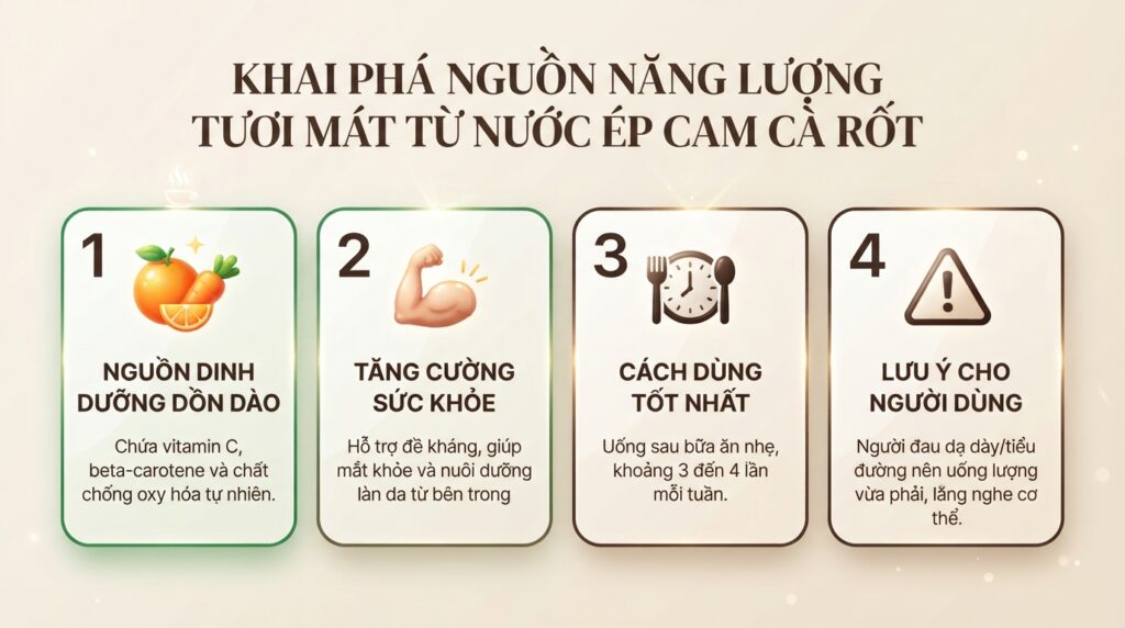 Biết uống nước ép cam cà rốt có tác dụng gì nhờ bảng thành phần dinh dưỡng.