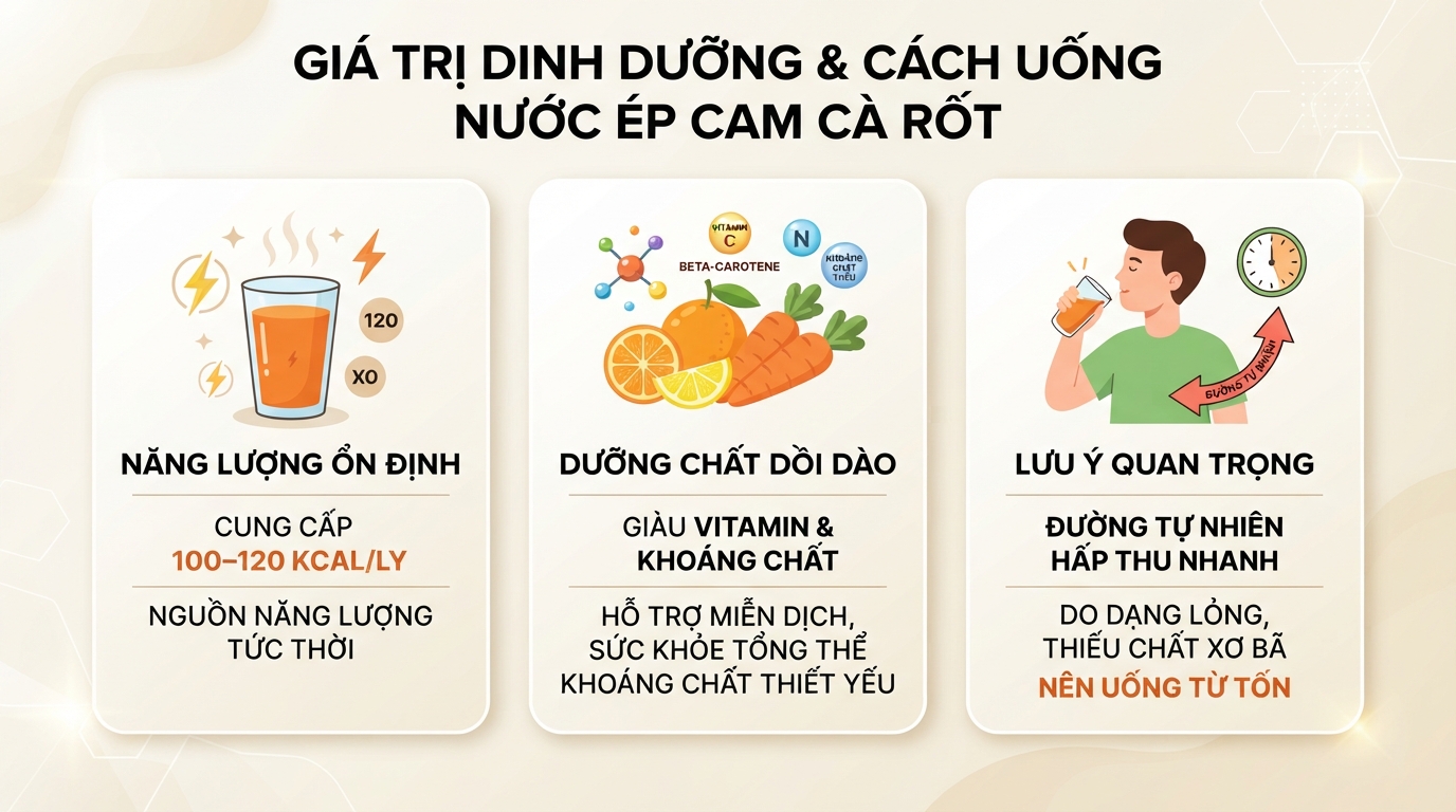Biết uống nước ép cam cà rốt có tác dụng gì nhờ bảng thành phần dinh dưỡng. Biết uống nước ép cam cà rốt có tác dụng gì nhờ bảng thành phần dinh dưỡng.