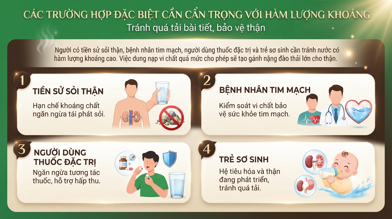 Các trường hợp đặc biệt cần cẩn trọng với hàm lượng khoáng để tránh quá tải bài tiết. Các trường hợp đặc biệt cần cẩn trọng với hàm lượng khoáng để tránh quá tải bài tiết.