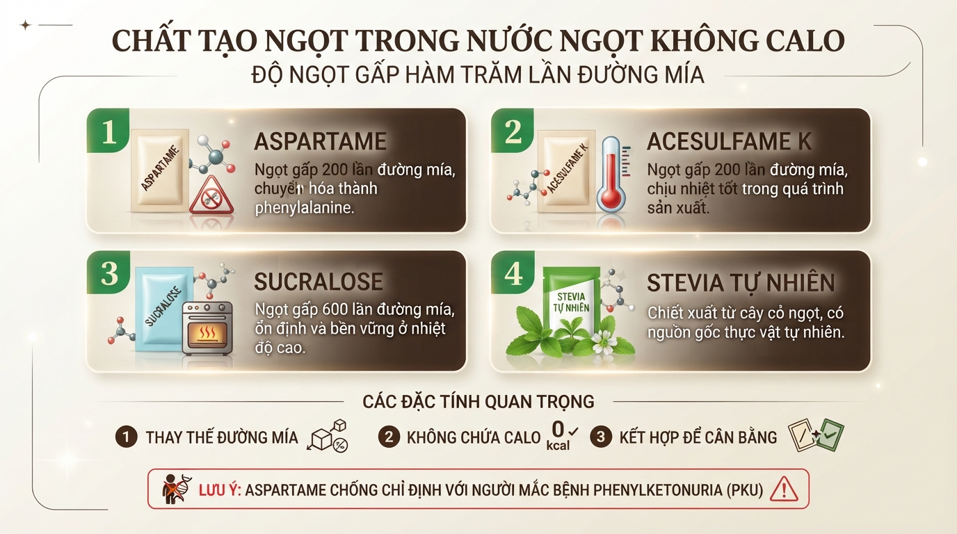Chất tạo ngọt trong nước ngọt không calo có độ ngọt gấp hàng trăm lần đường mía.