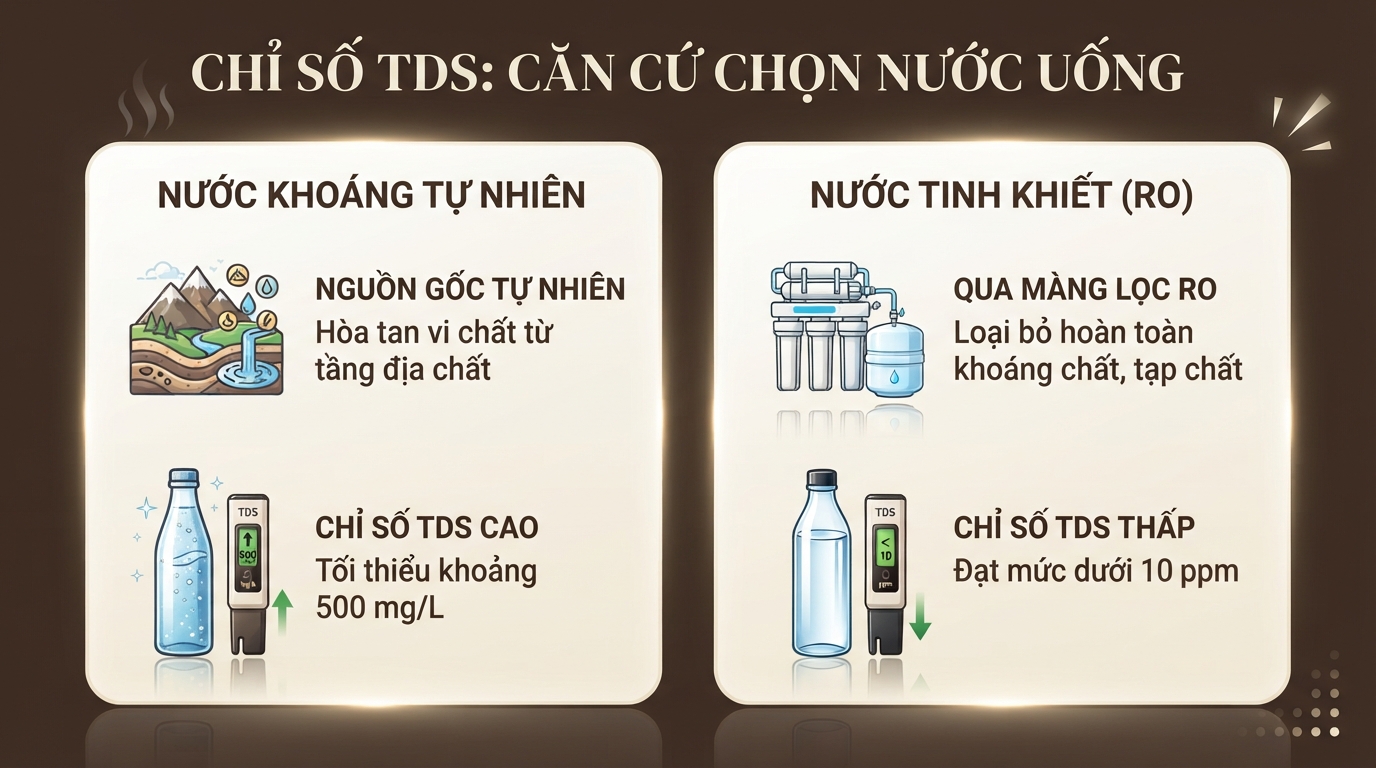 Chỉ số TDS là căn cứ xác định nên uống nước khoáng hay nước tinh khiết phù hợp. Chỉ số TDS là căn cứ xác định nên uống nước khoáng hay nước tinh khiết phù hợp.