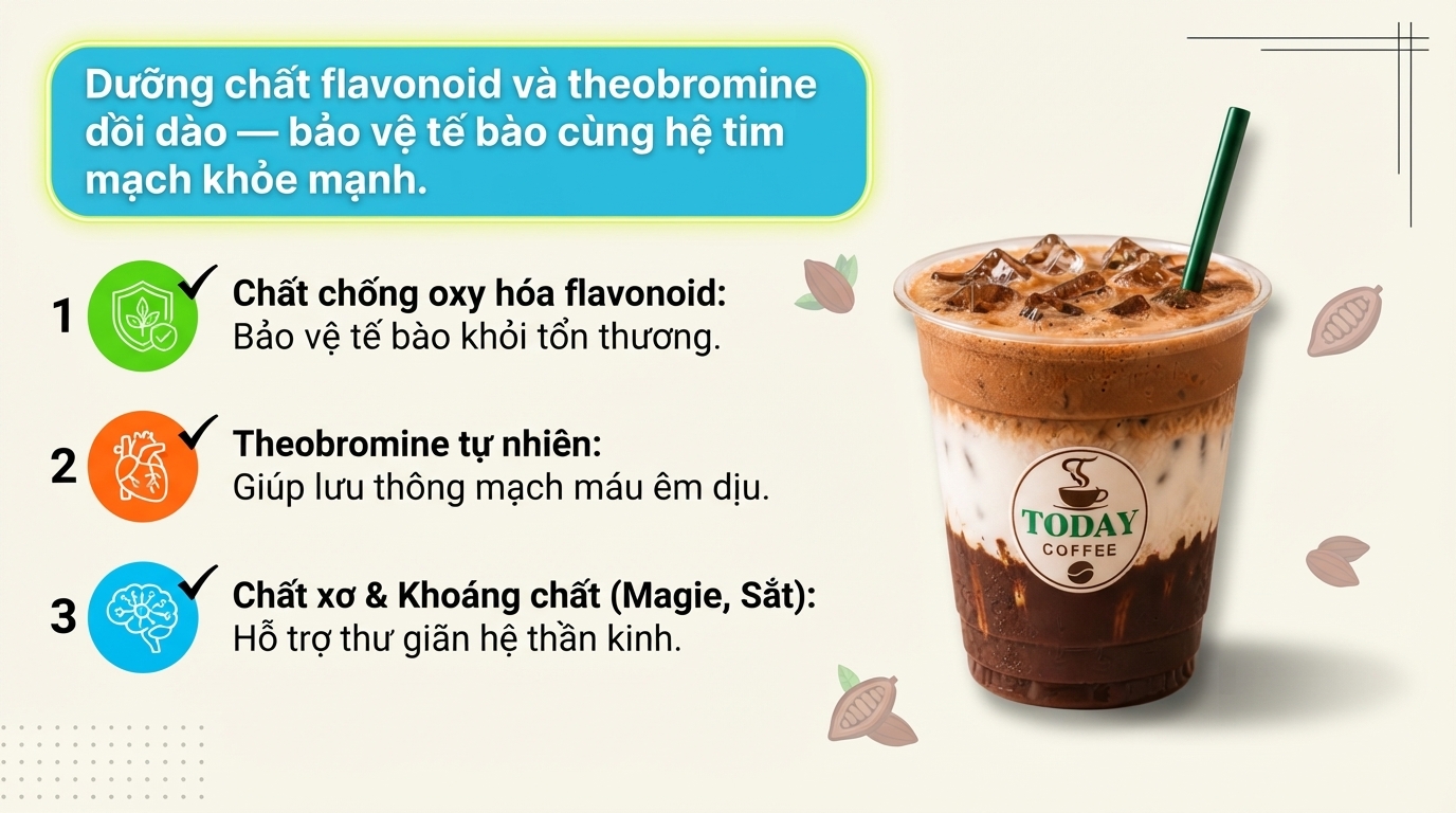 Dưỡng chất flavonoid và theobromine dồi dào - bảo vệ tế bào cùng hệ tim mạch khỏe mạnh. Dưỡng chất flavonoid và theobromine dồi dào - bảo vệ tế bào cùng hệ tim mạch khỏe mạnh.
