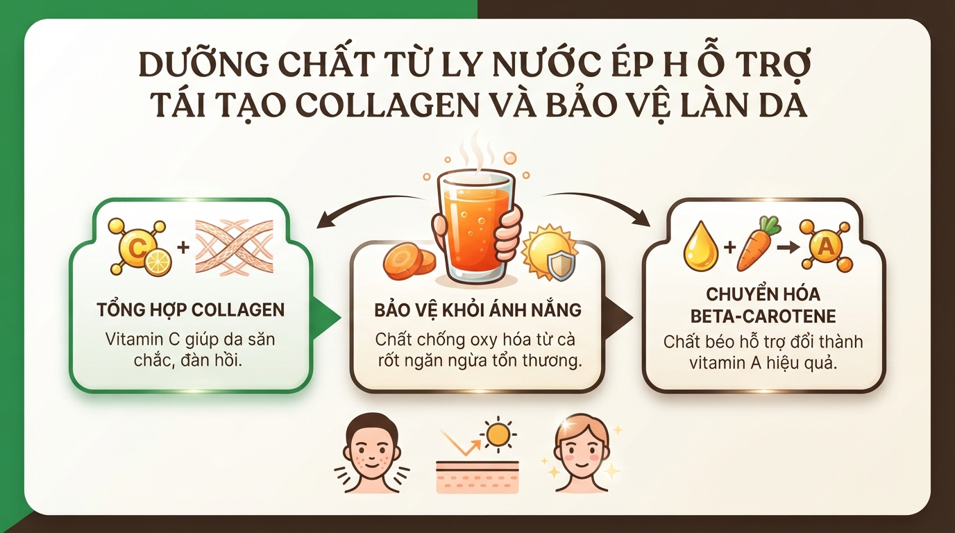 Dưỡng chất từ ly nước ép hỗ trợ tái tạo collagen và bảo vệ làn da. Dưỡng chất từ ly nước ép hỗ trợ tái tạo collagen và bảo vệ làn da.