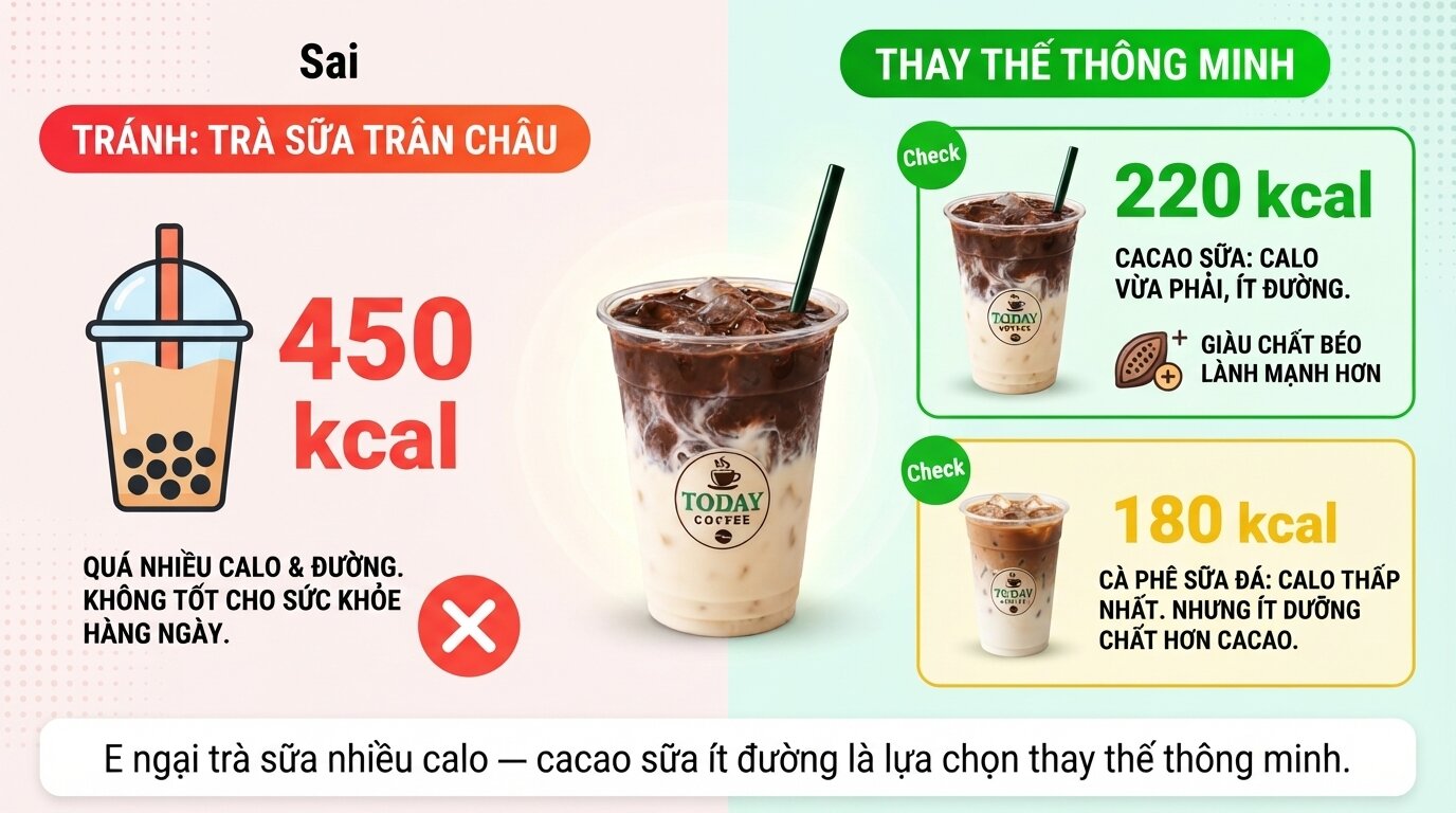 E ngại trà sữa nhiều calo - cacao sữa ít đường là lựa chọn thay thế thông minh. E ngại trà sữa nhiều calo - cacao sữa ít đường là lựa chọn thay thế thông minh.