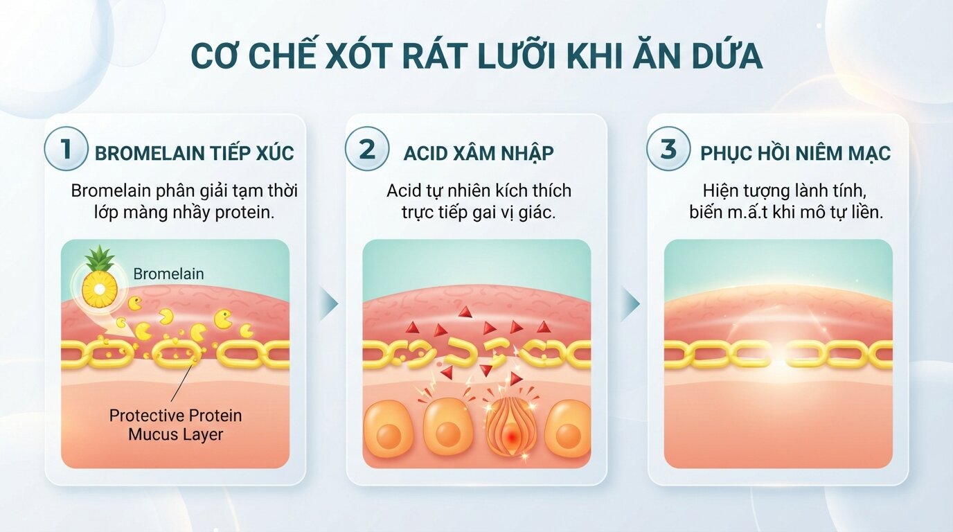 Enzyme bromelain phân giải tạm thời niêm mạc lưỡi, khiến acid tiếp xúc trực tiếp gây rát.