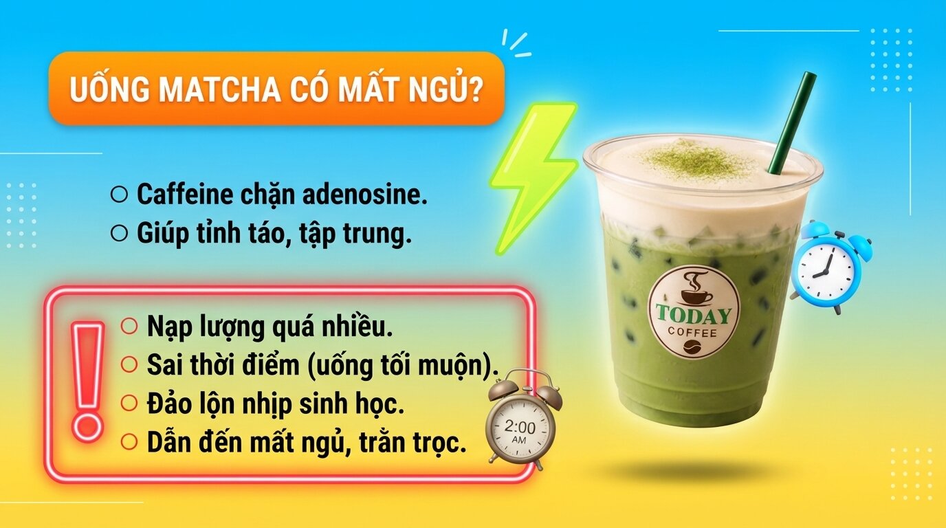 Hiểu rõ cơ chế caffeine giúp giải đáp thắc mắc uống matcha có mất ngủ không để chủ động phòng tránh. Hiểu rõ cơ chế caffeine giúp giải đáp thắc mắc uống matcha có mất ngủ không để chủ động phòng tránh.