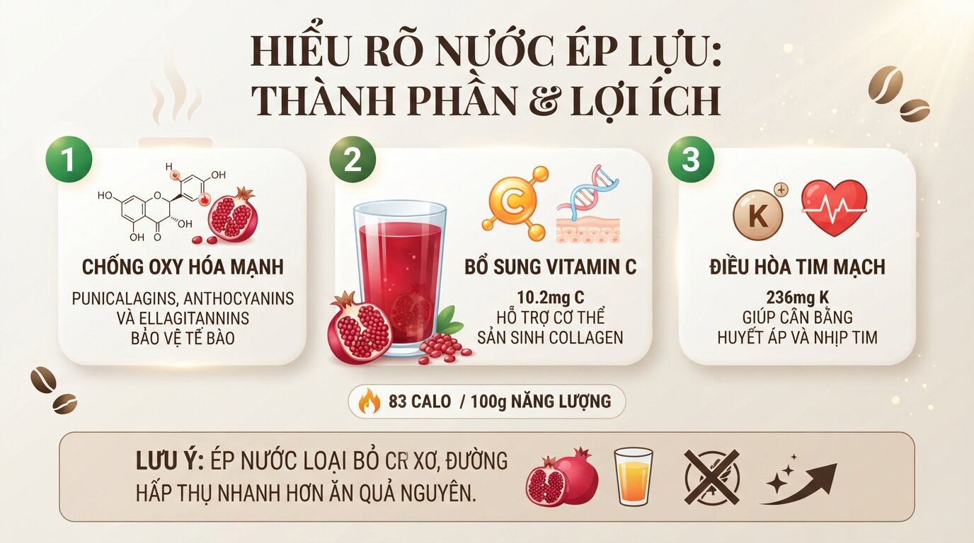 Hiểu rõ nước ép lựu có tốt không qua bảng thành phần polyphenol và khoáng chất.