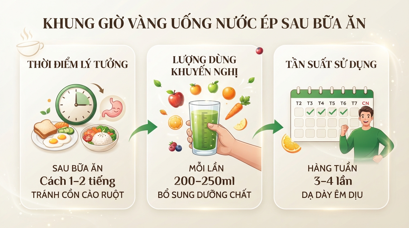 Khung giờ vàng uống nước ép sau bữa ăn giúp dạ dày luôn êm dịu. Khung giờ vàng uống nước ép sau bữa ăn giúp dạ dày luôn êm dịu.