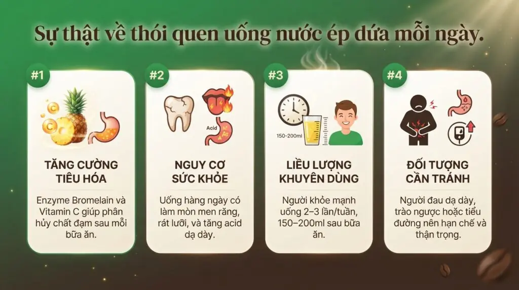 Liệu uống nước ép dứa mỗi ngày có tốt không tùy thuộc vào bromelain và vitamin C bổ sung.
