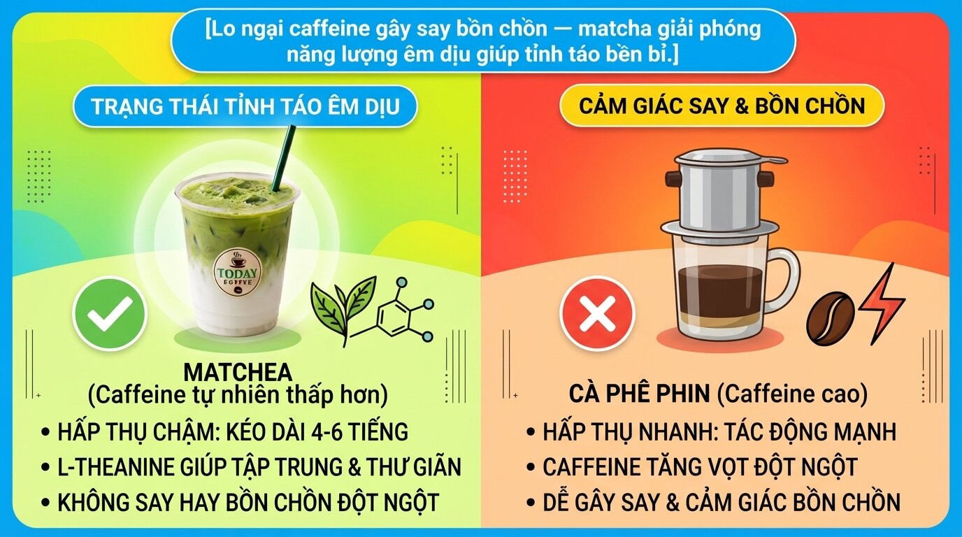 Lo ngại caffeine gây say bồn chồn - matcha giải phóng năng lượng êm dịu giúp tỉnh táo bền bỉ. Lo ngại caffeine gây say bồn chồn - matcha giải phóng năng lượng êm dịu giúp tỉnh táo bền bỉ.