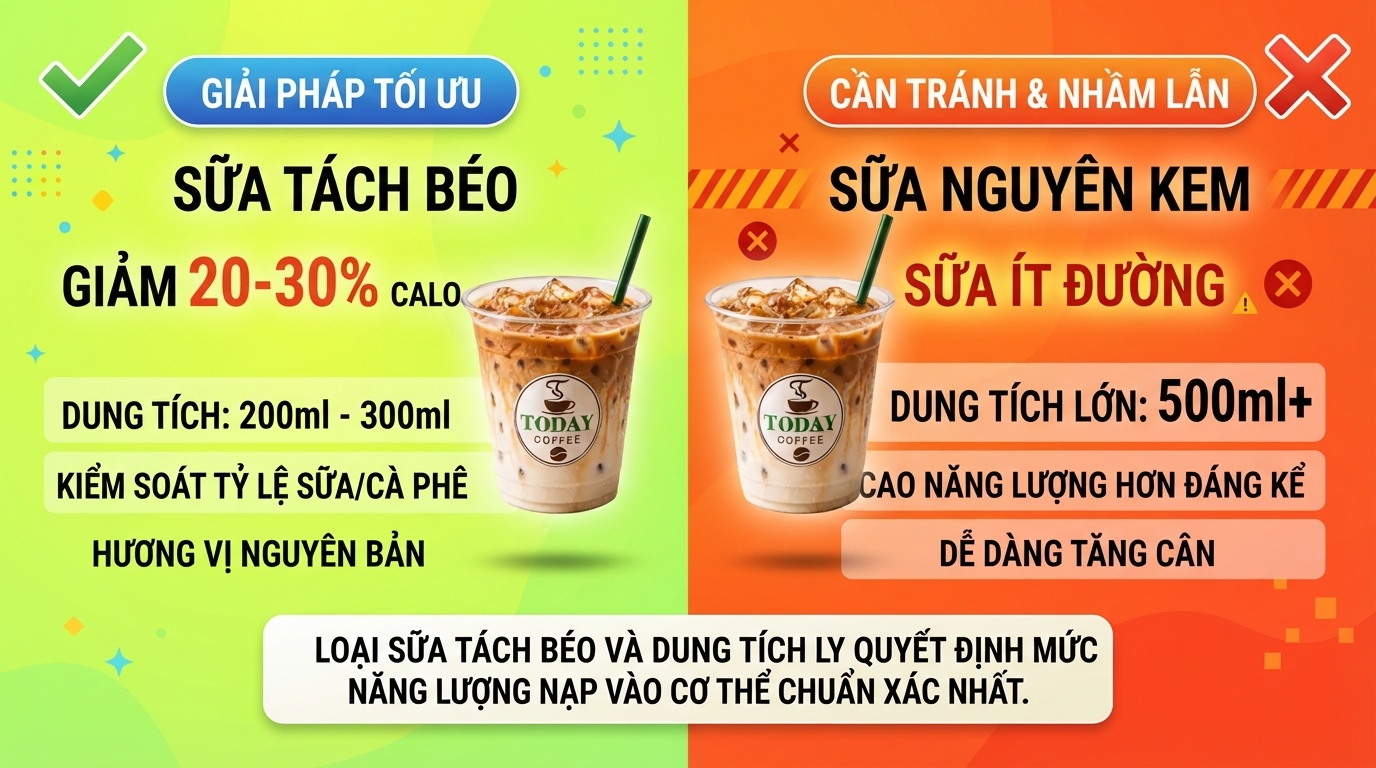 Loại sữa tách béo và dung tích ly quyết định mức năng lượng nạp vào cơ thể chuẩn xác nhất.