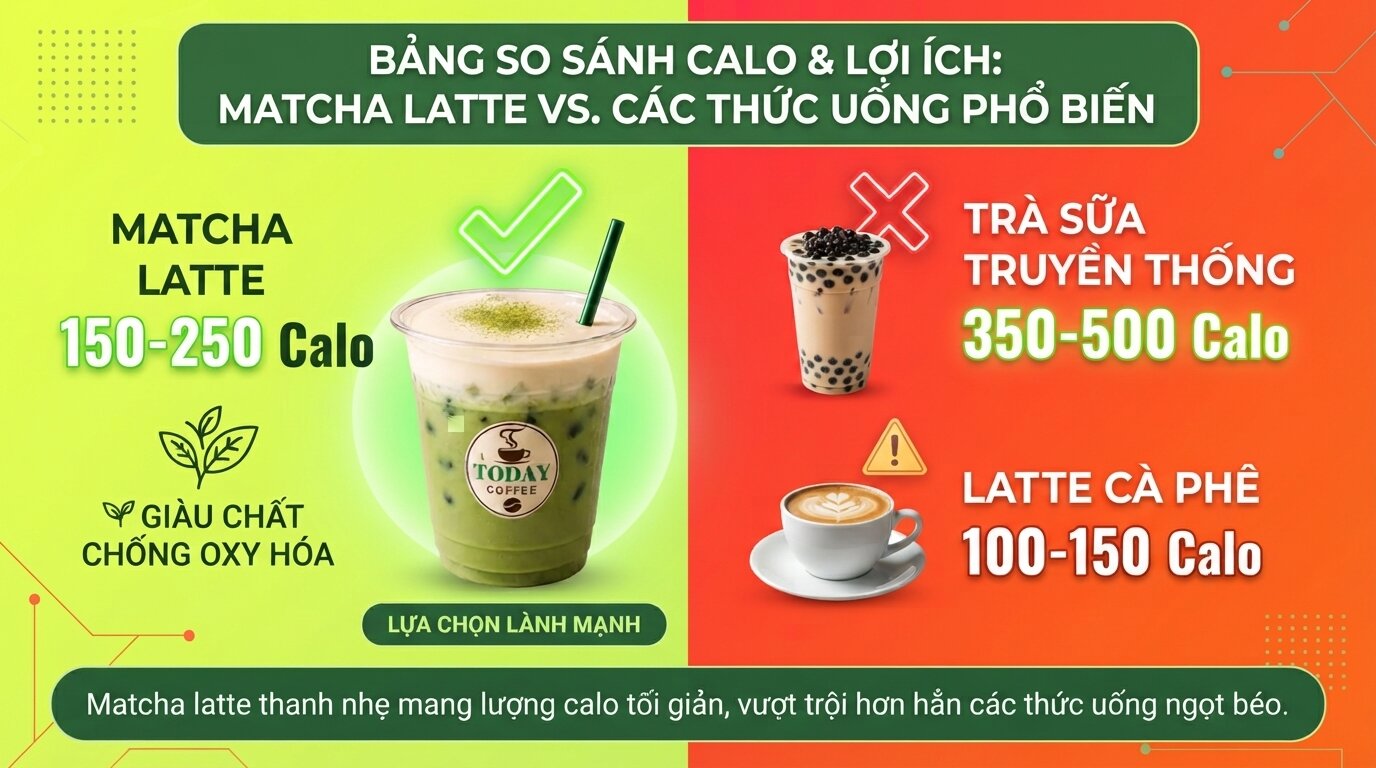 Matcha latte thanh nhẹ mang lượng calo tối giản, vượt trội hơn hẳn các thức uống ngọt béo.