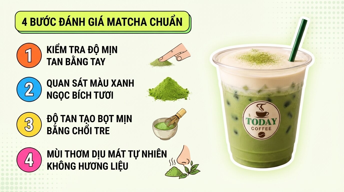 Nhận biết matcha nguyên chất đơn giản thông qua màu sắc, độ mịn và hương thơm. Nhận biết matcha nguyên chất đơn giản thông qua màu sắc, độ mịn và hương thơm.
