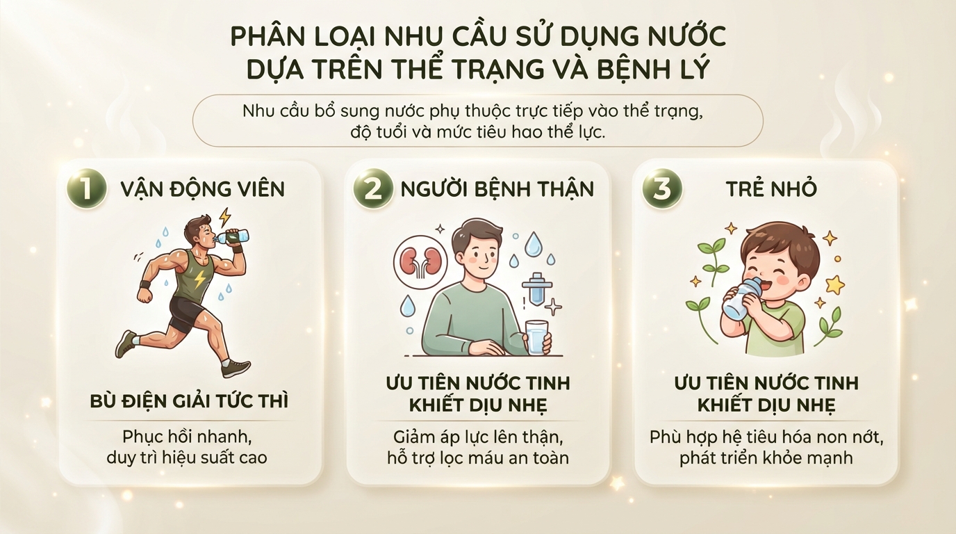 Phân loại nhu cầu sử dụng nước dựa trên thể trạng và tình trạng bệnh lý cá nhân. Phân loại nhu cầu sử dụng nước dựa trên thể trạng và tình trạng bệnh lý cá nhân.