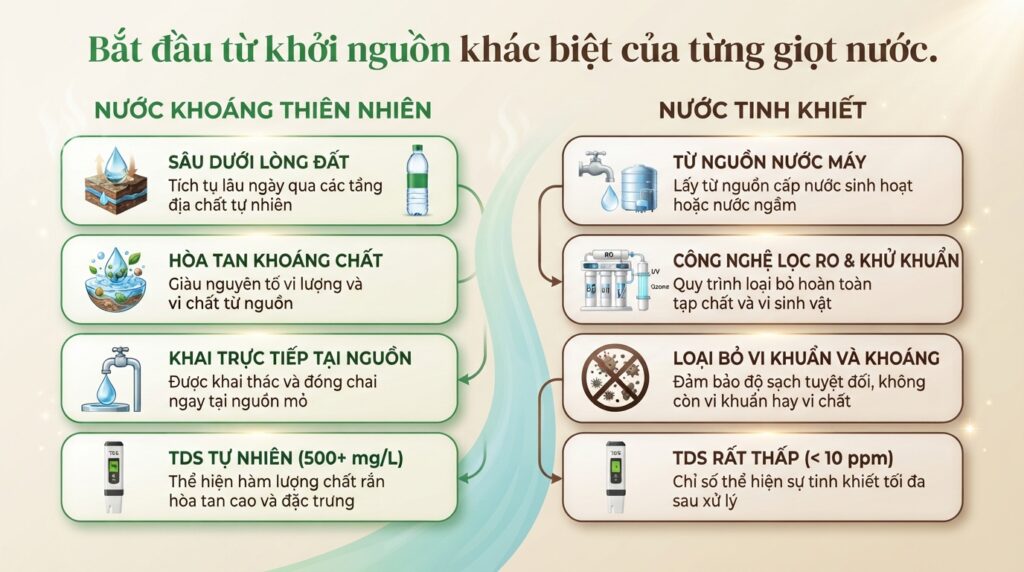 So sánh đặc tính kỹ thuật và ứng dụng thực tế giữa hai nguồn nước đóng chai.