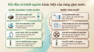 So sánh đặc tính kỹ thuật và ứng dụng thực tế giữa hai nguồn nước đóng chai.