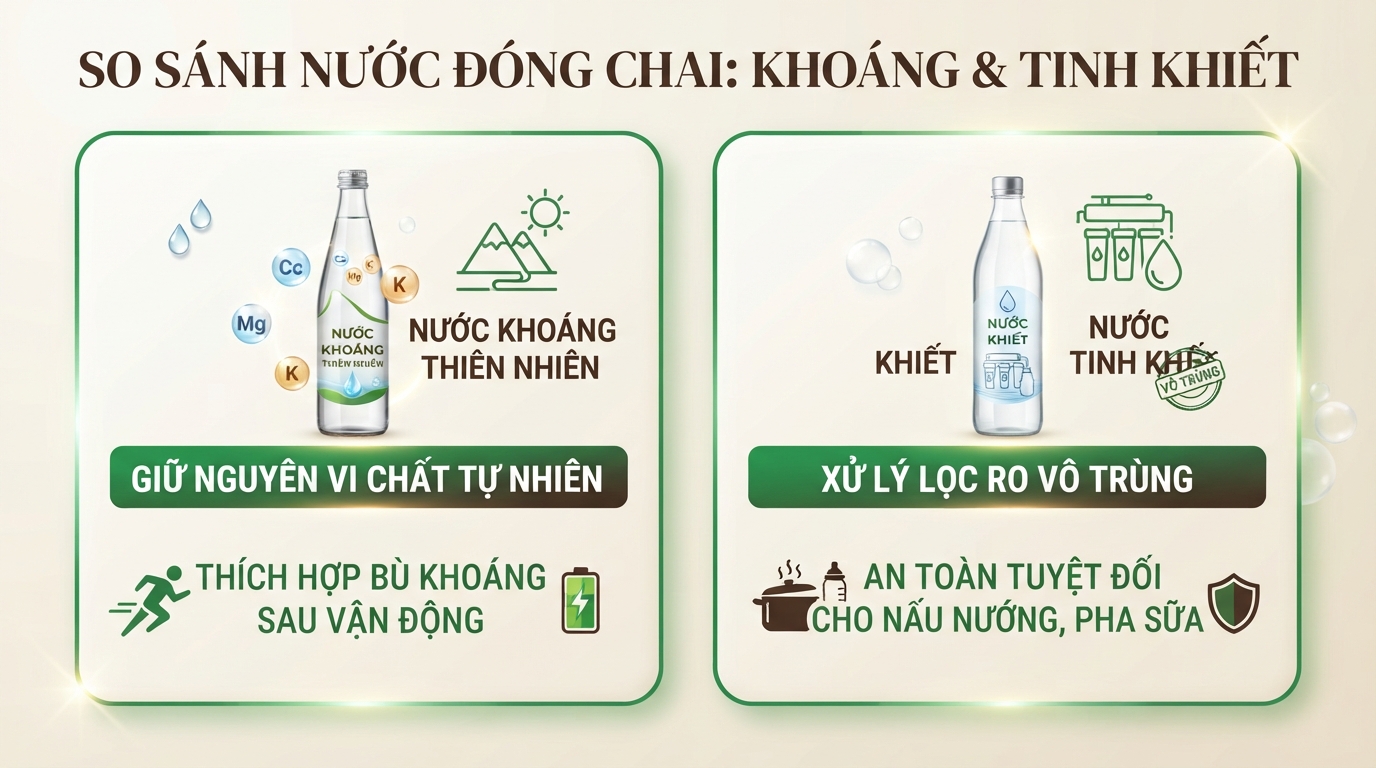 So sánh đặc tính kỹ thuật và ứng dụng thực tế giữa hai nguồn nước đóng chai. So sánh đặc tính kỹ thuật và ứng dụng thực tế giữa hai nguồn nước đóng chai.