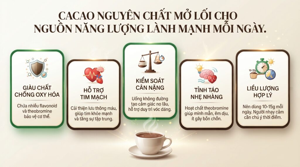Tác dụng của cacao nguyên chất và cách sử dụng đúng khoa học cho sức khỏe