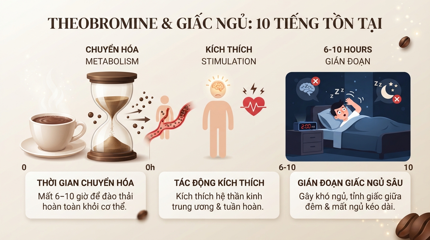 Theobromine tồn tại đến mười tiếng trong máu, làm gián đoạn giấc ngủ sâu.