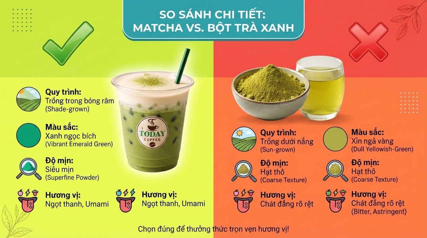 Tóm tắt điểm khác biệt giúp bạn biết matcha có phải trà xanh không để chọn đúng. Tóm tắt điểm khác biệt giúp bạn biết matcha có phải trà xanh không để chọn đúng.
