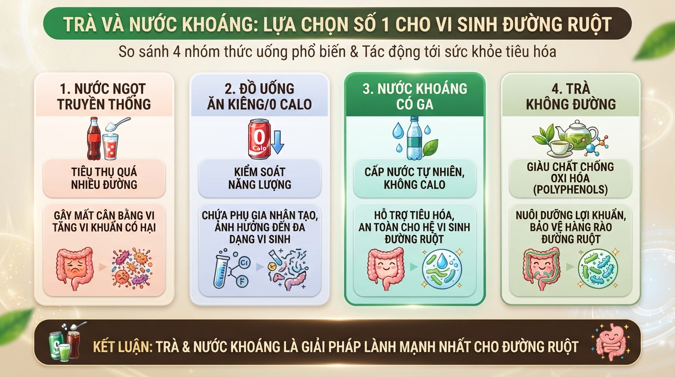 Trà và nước khoáng bảo vệ vi sinh đường ruột tốt hơn đồ uống ăn kiêng.
