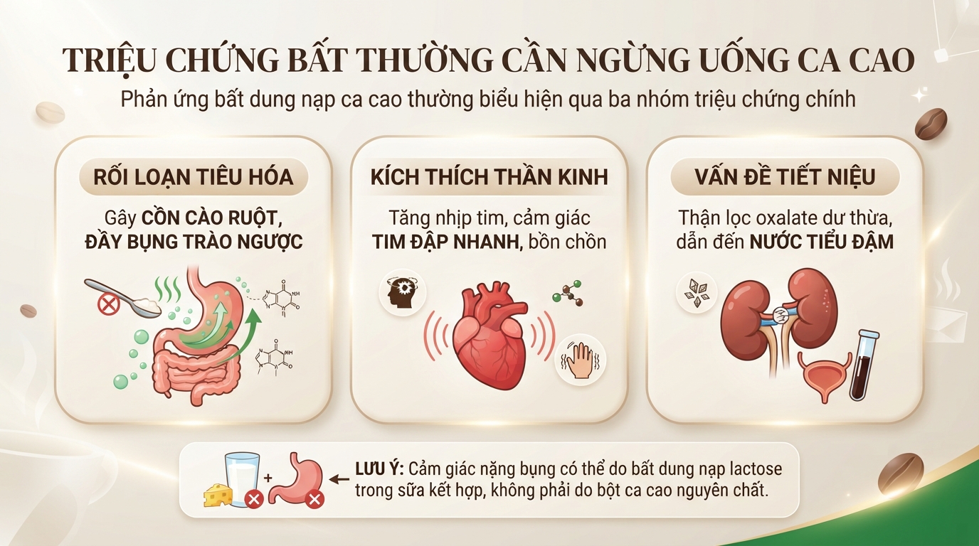 Triệu chứng bất thường nhắc nhở những người không nên uống ca cao cần ngưng dùng.