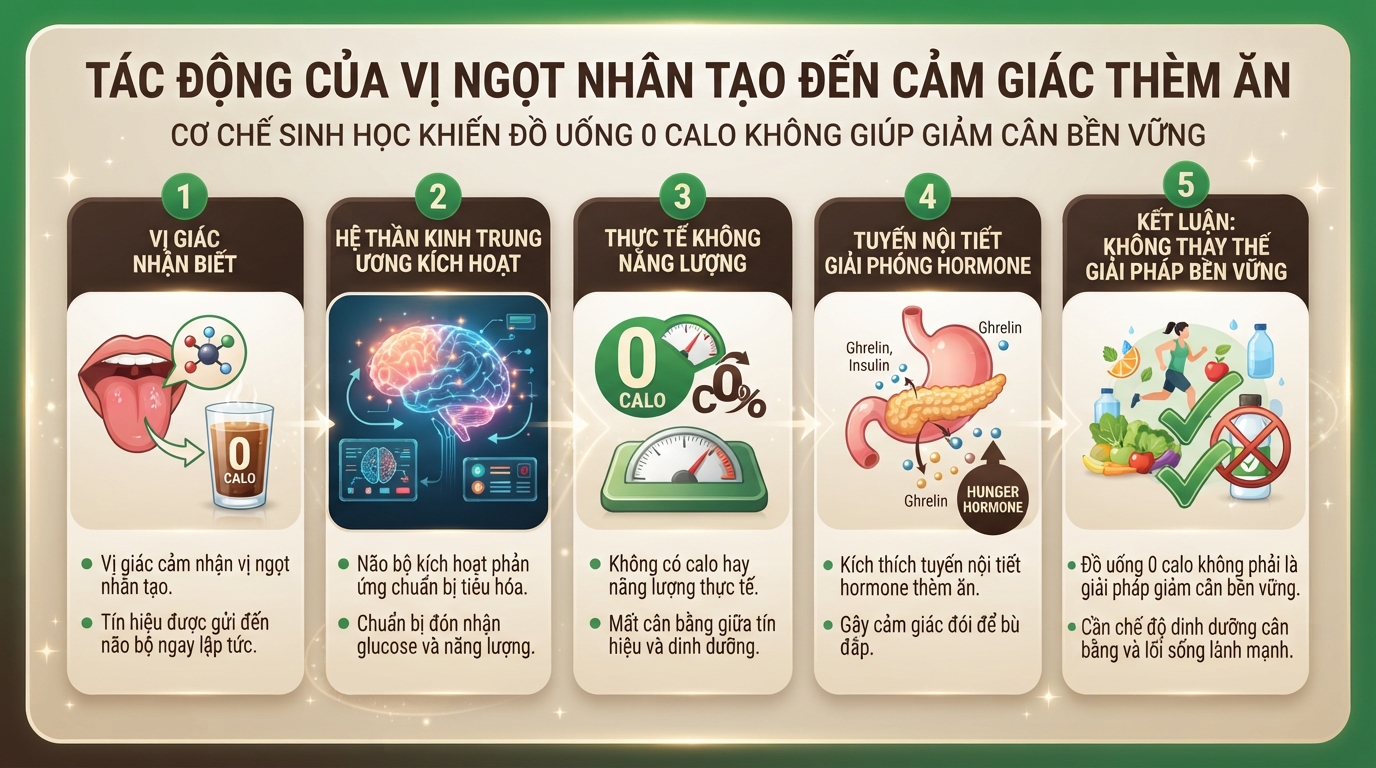 Vị ngọt nhân tạo kích hoạt não bộ tăng tiết hormone gây cảm giác thèm ăn bù đắp.